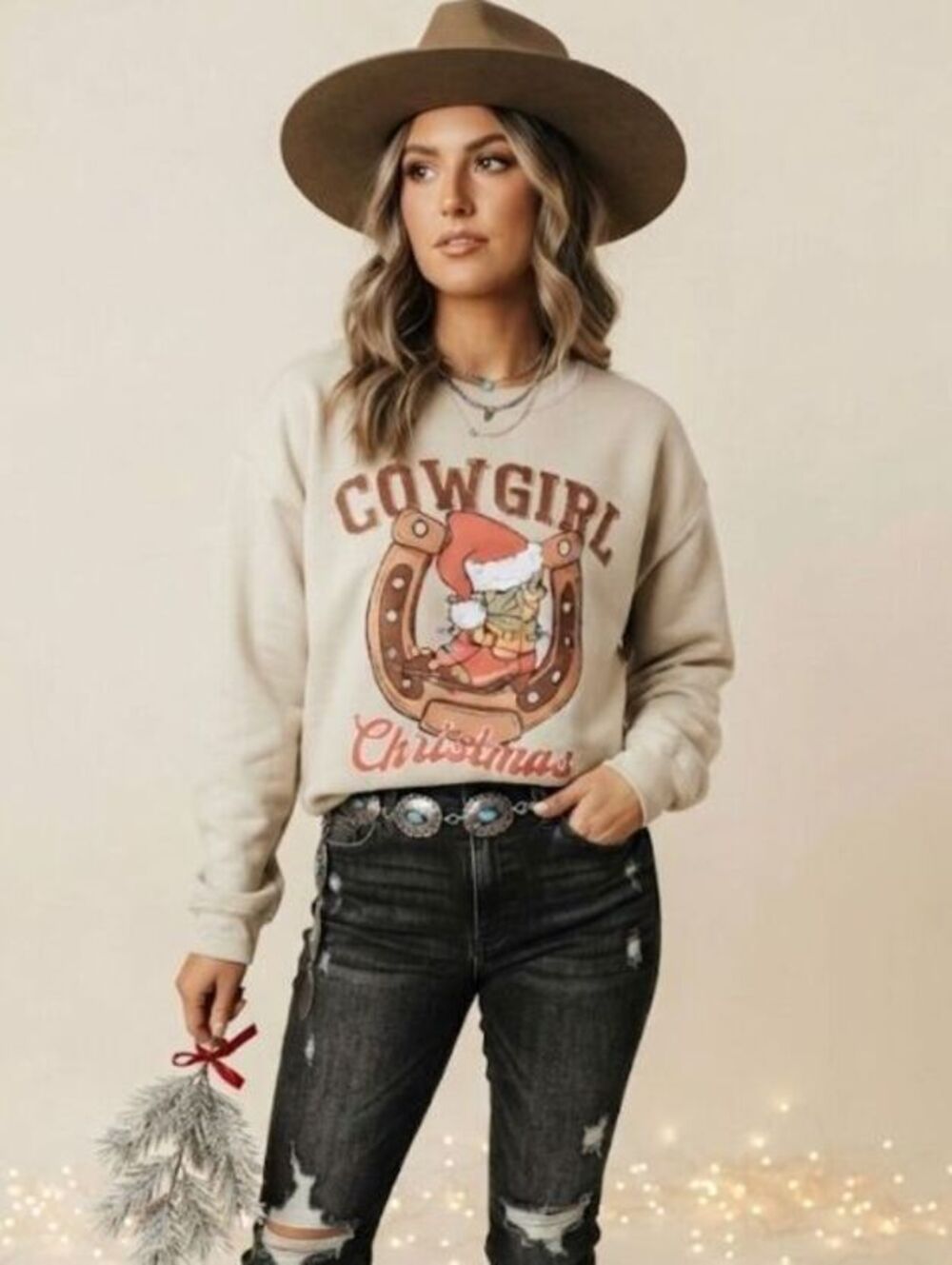 Cowgirl Christmas lights cowgirl boots sweatshirt
